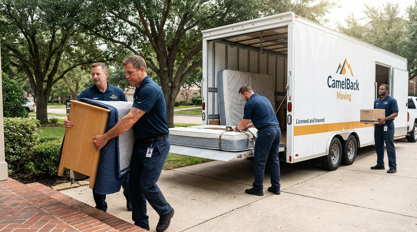 Crew loading residential truck for cross-state move from Maxwell, CA