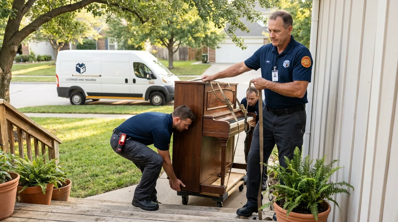 Licensed piano movers securing grand piano in Maxwell, CA