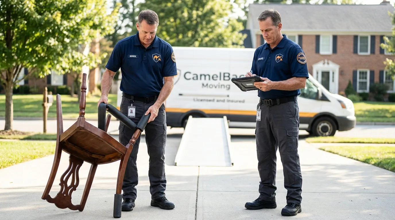 Movers inspecting furniture for damage prevention before loading in Maxwell, CA