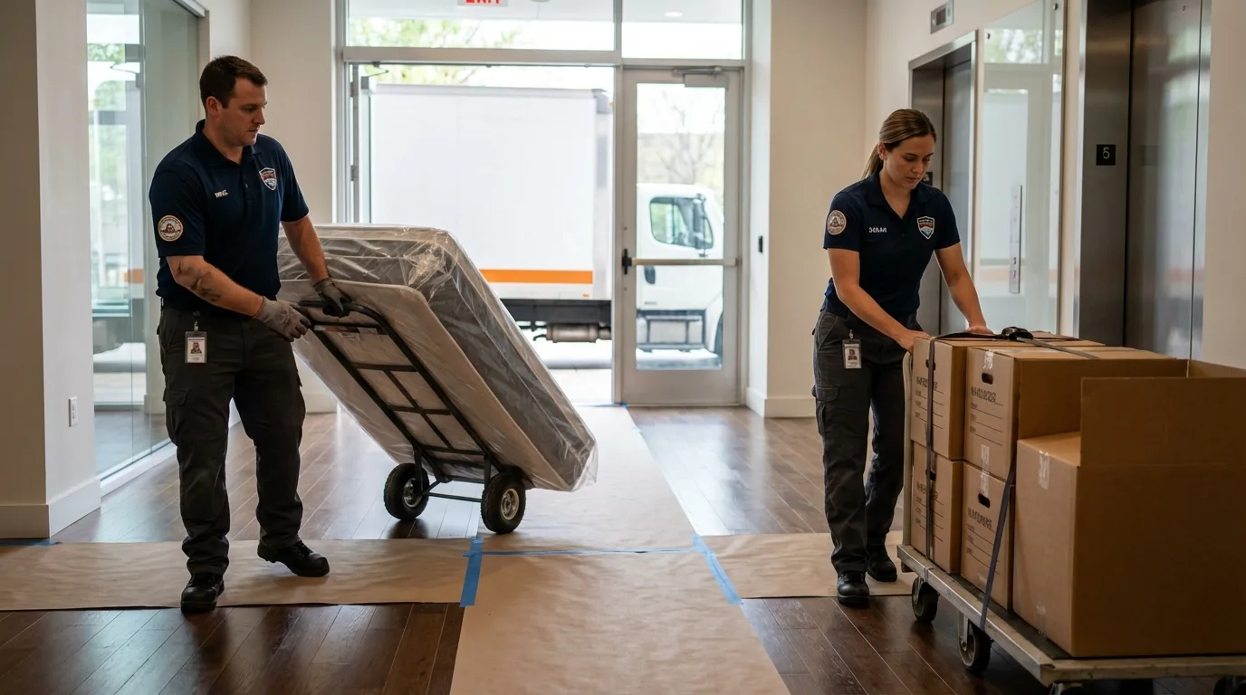 Professional apartment movers loading elevator in Maxwell, CA
